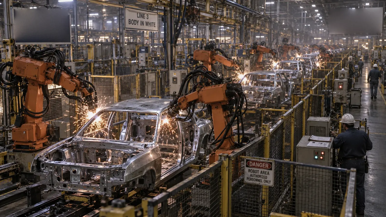 Rows of orange six-axis robot arms spot-weld bare car bodies on a production line, with sparks flying.